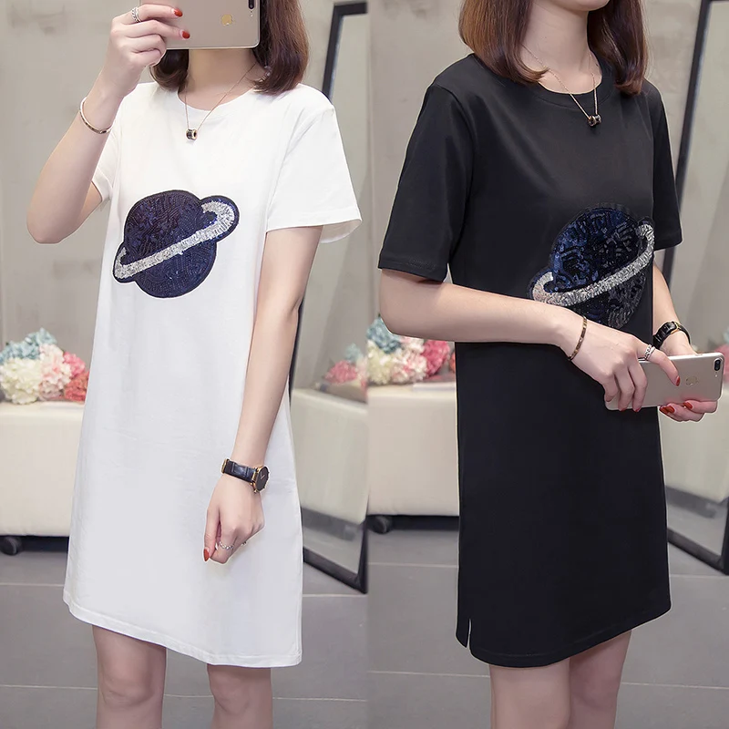 

2019 summer earth pattern T-shirt dress in the long paragraph large size women loose