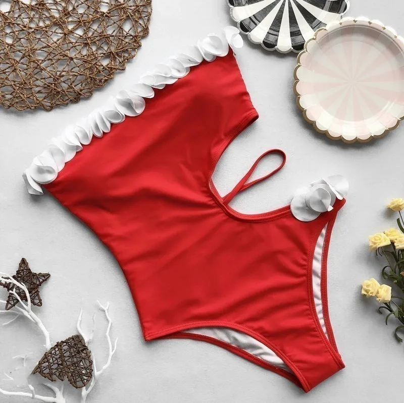 

Swimwear Women One Piece Ruffles Off Shoulder Swimsuit Patchwork Bathing Suit Lotus Beach Wear Flat Shoulder Bikini Strepless