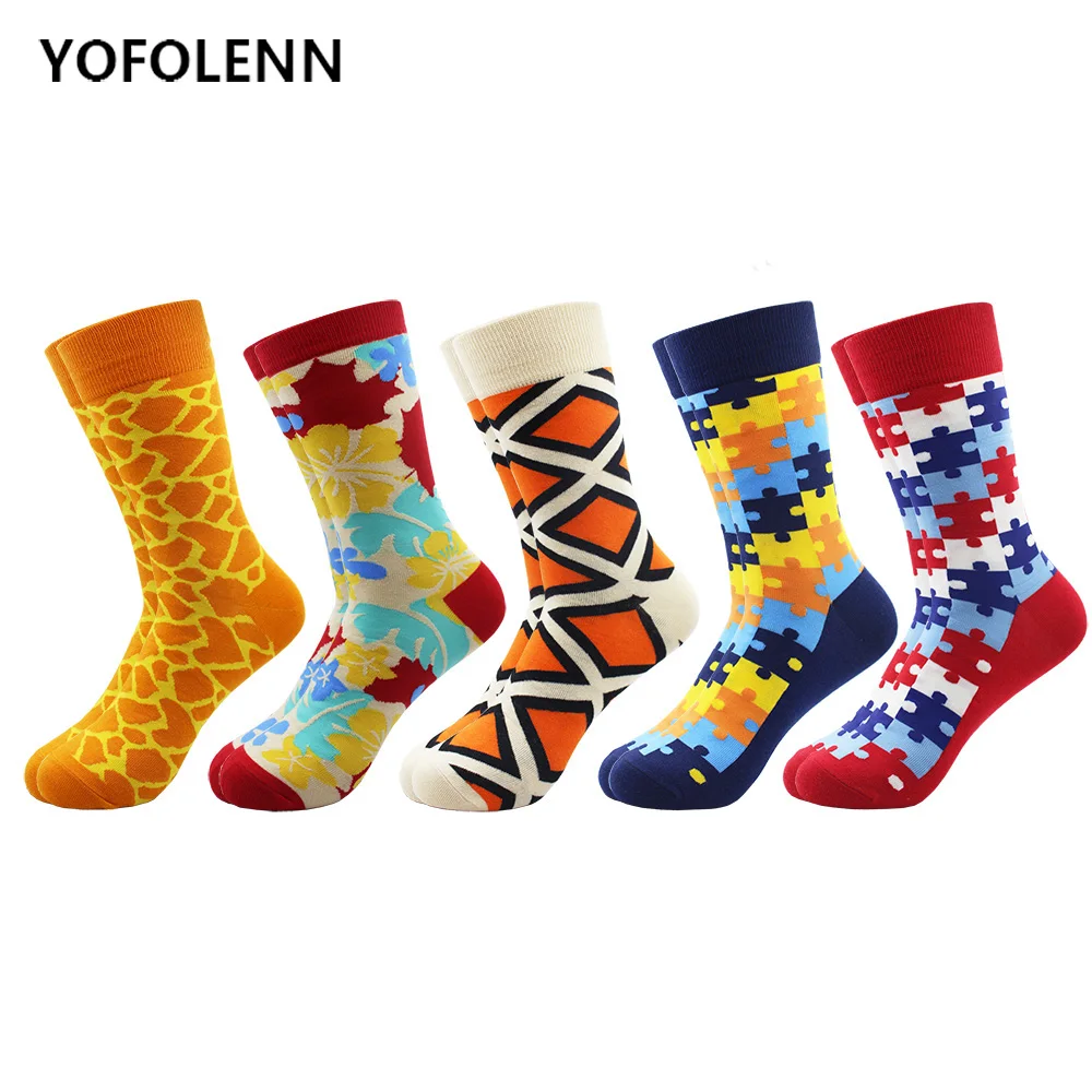 

5 pairs/lot Men's Colorful Combed Cotton Socks 2018 Crack Pattern Casual Crew Wedding Party Soft Comfortable Dress Tube Socks
