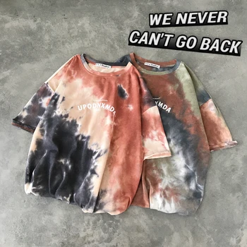 

2019 Spring And Summer New Fashion Trend Korean Version Of The Loose Couple Cotton Hip Hop Tie Dyed Graffiti T-shirt M-XL Best