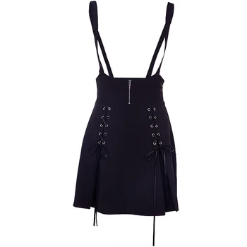

Summer Women Suspender Skirts Casual Preppy Style Lady Skirt High Waist Sleeveless Pleated Skirt Black Cross Strap Ribbon