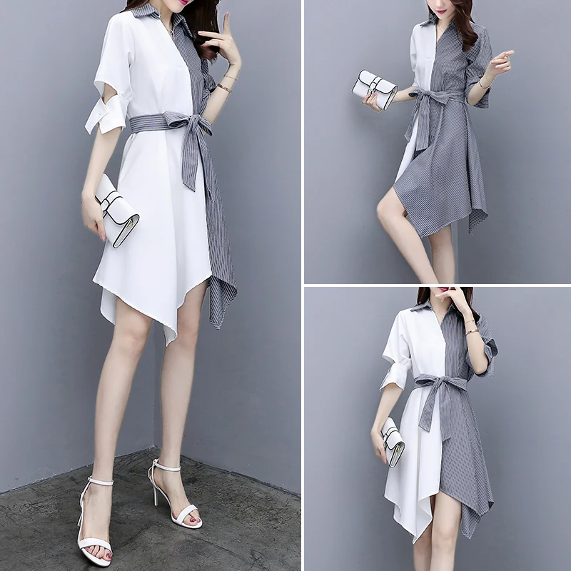 2019 summer plus fat large size women  fashion simple color matching stripe thin lapel irregular stitching temperament female