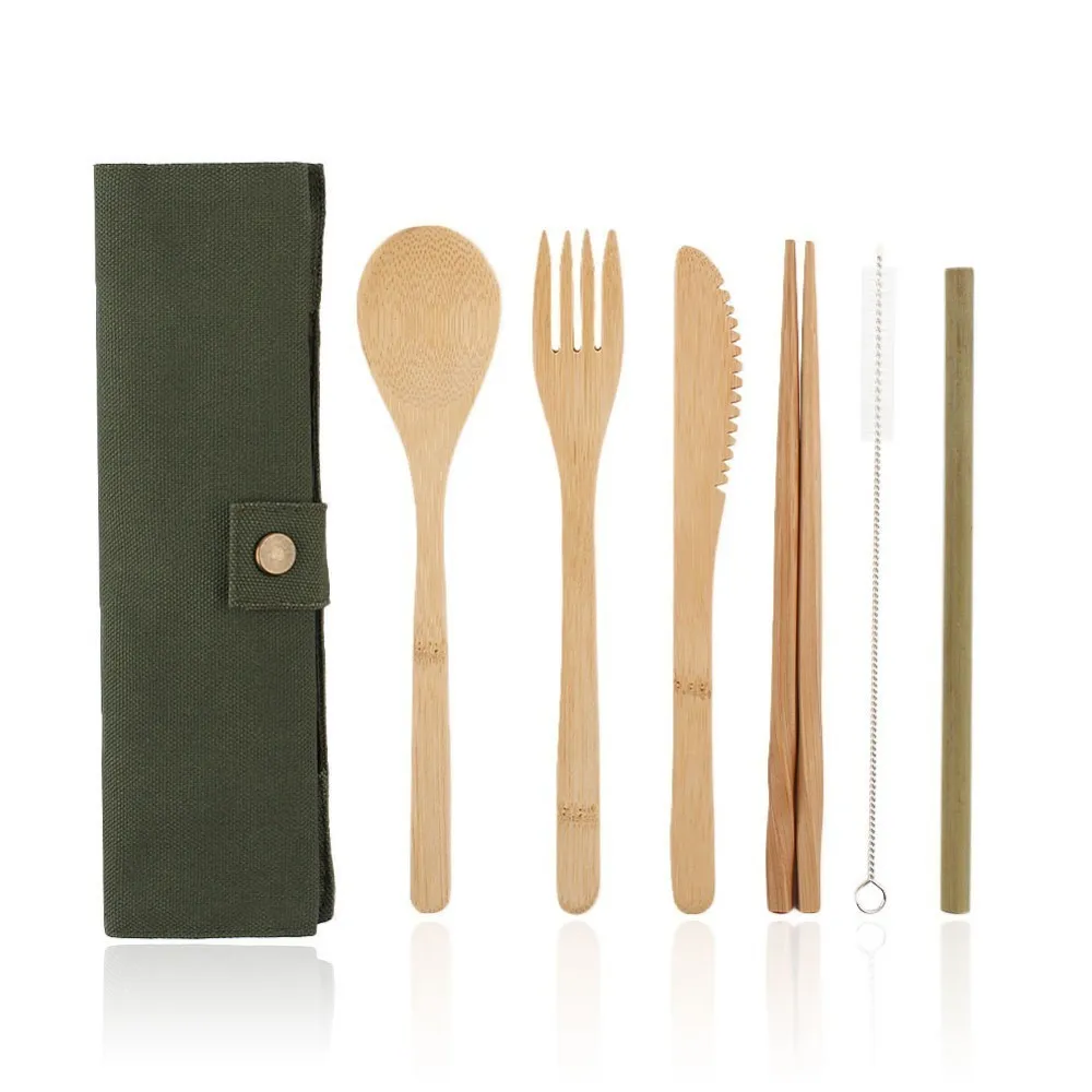 

6Pcs/kit Dinnerware Sets Bamboo Tableware Spoon Fork Knife Chopsticks Kit With Gift Bag Hygienic Kitchen Cooking Tools 3 Colors
