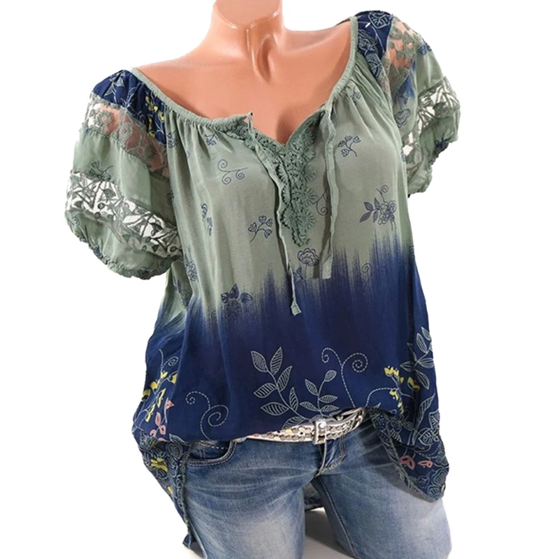 

5xl Plus Size 2019 Summer New Women Short Sleeve V Neck Lace Floral Print Blouses Shirts Fashion Casual Tops Shirts Blusas