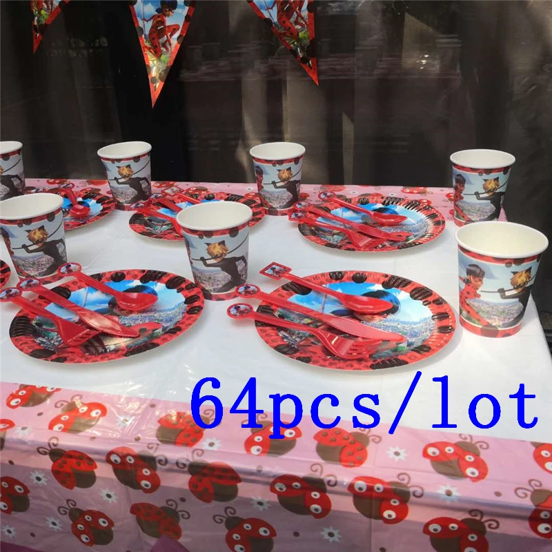

64Pcs Cartoon Ladybug Theme Cup Plate Straw Noise Maker Kid Birthday Party Decoration Family Party Celebration Event Supply