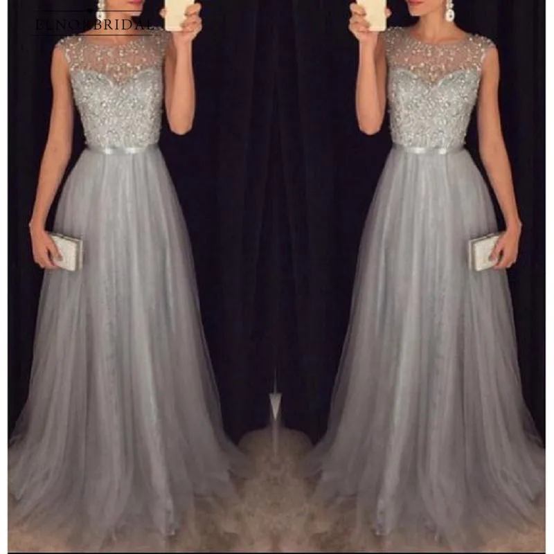 

Modest Grey Silver Beading Prom Dresses 2019 A Line Tulle Vestido Longo Abiti Da Cerimonia Donna Speicla Occasion Dress Formal