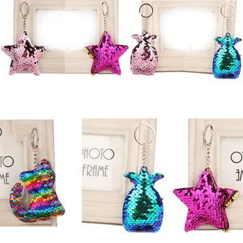 

Sale Cute Sequins pineapple Key Chain For Women Star Cat Shining Girls Car Bag Keychain Ring Accessories