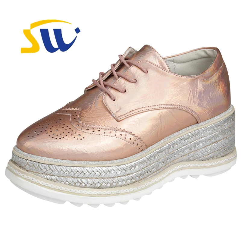 

SWONCO Pink Shoes Female Hemp Sole Platform Sneakers 2019 Sliver Bling Casual Shoes Pointed Toe Wedge Sneakers For Woman
