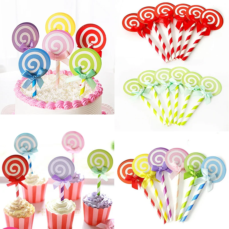

Brithday Party Insert Cards Lollipop Shaped Bowknot Candy Color Festival Decoration 6PCS/Set Cake Decorations
