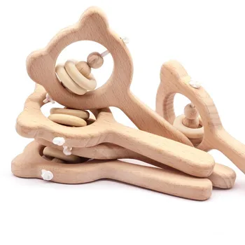 

Preferred Natural Beech Wood Bear Rattle Teeth Wood Ring Can Bite The Child Rattle To Play Gym Baby Stroller Must-have Toys