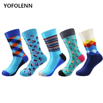 

5 Pairs/lot Novelty Men's Funny Pattern Diamond Striped Combed Cotton Happy Socks Colorful Crazy Socks for Man US Size 7.5-12