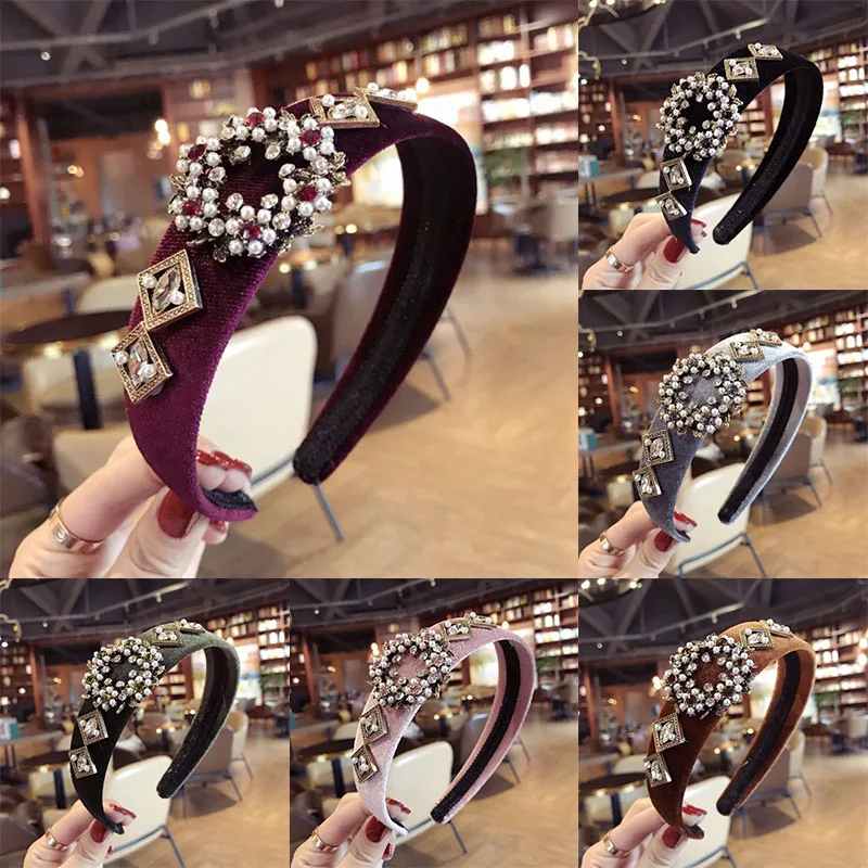 

Fashion Korea New Retro Crown Women Handmade Pearl Zircon Wide Girls Hair band Weddings Party Gifts