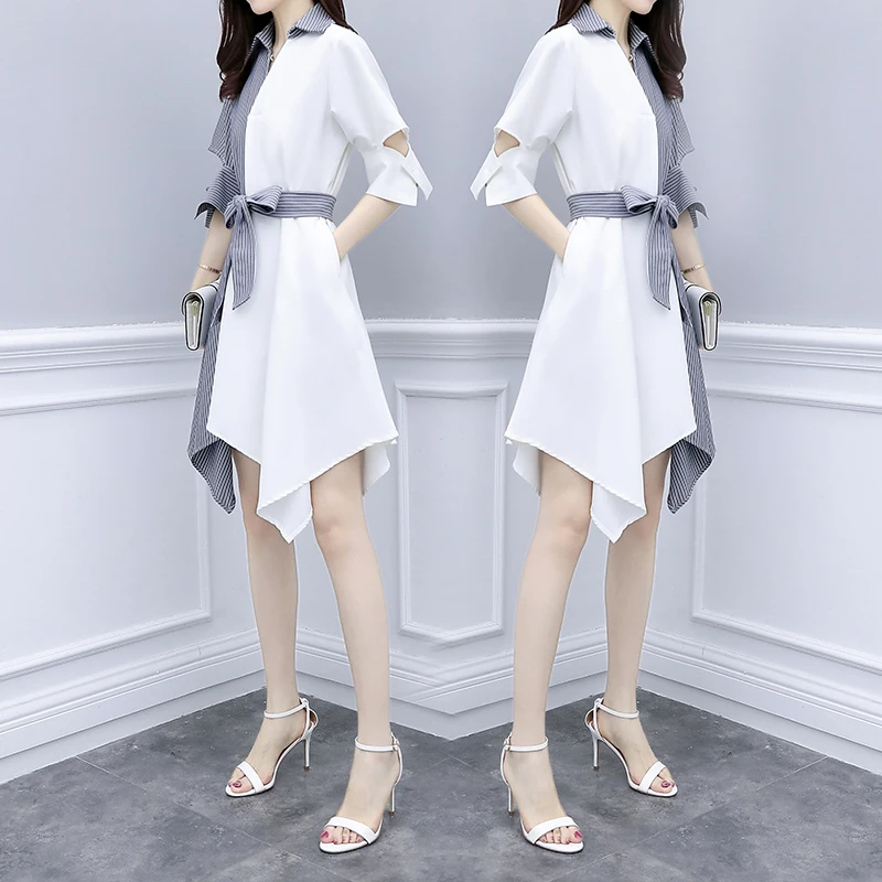 2019 summer plus fat large size women  fashion simple color matching stripe thin lapel irregular stitching temperament female