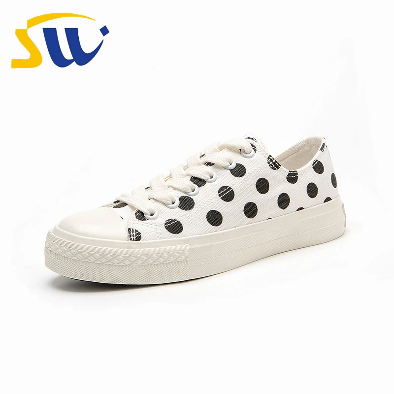 

SWONCO Flats Shoes Women Sneakers White 2019 Spring Polka Dot Female Causal Shoes Shallow Breathable Flats Sneakers Size 40