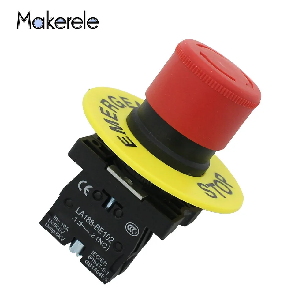 

1pcs 30mm NC N/C Small Head Red Mushroom Emergency Stop Push Button Switch With Yellow Waring Ring 600V 10A Free Shipping
