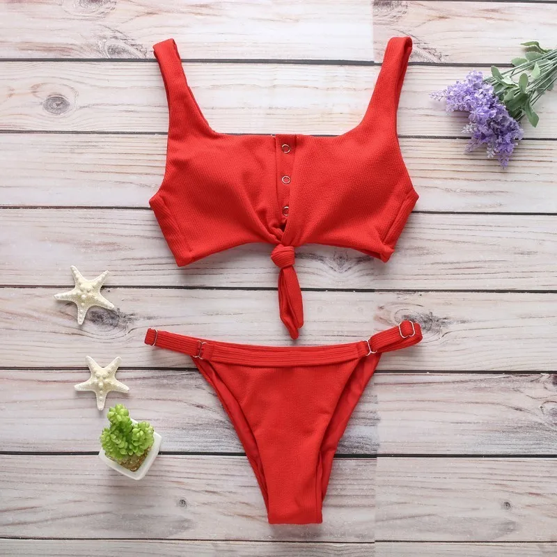 

Bikinis Knotted Padded Thong Bikini Set Women Scroop Neck Swimwear Button Swimsuit Solid High Cut Bathing Suit Brazilian Biquni