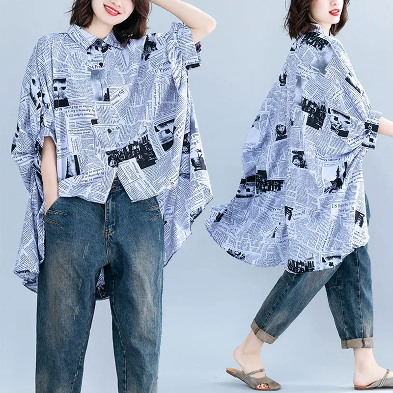 

2019 new spring and summer women's shirt newspaper print bat sleeve large size loose shirt asymmetric female cardigan