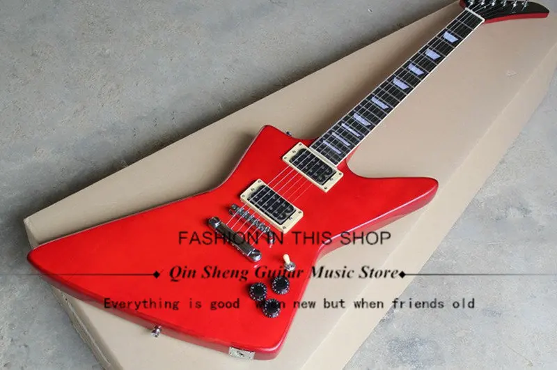 

Irregular shape red electric guitar with neck set in body,HH pickups,LP bridge,shell mosaic fingerboard, free shipping