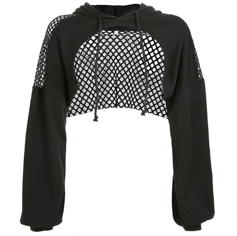 

Hip Hop New Hot Fashion Womens Party Club Long Sleeve Sexy Mesh Fish Net Hooded Hollow Up Crop Tops