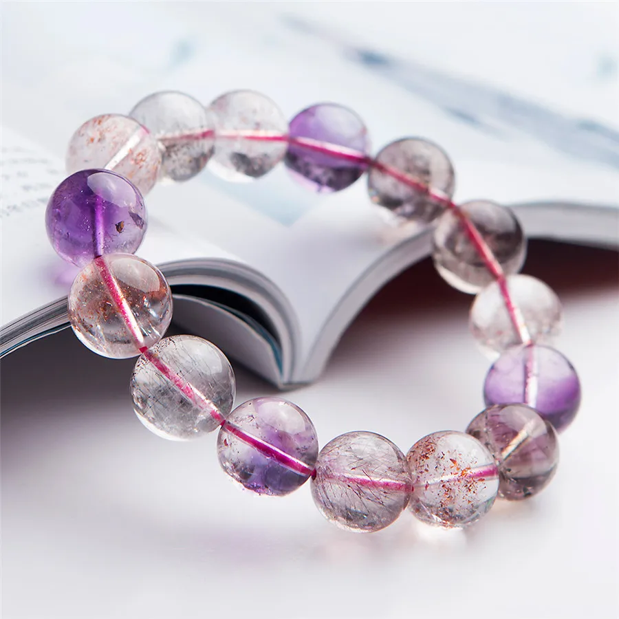 

Brazil Colorful Natural Rutilated Quartz Bracelets For Women Female Natural Supwer 7 Seven Melody Stone Round Bead Bracelet 14mm