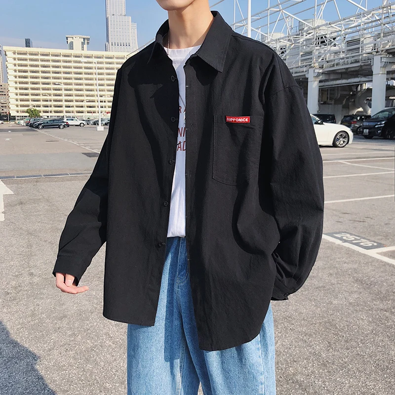 

2019 Spring And Summer New Korean Version Of Hip Hop Couple Small Fresh Cotton And Linen Solid Color Long-sleeved Shirt M-5XL