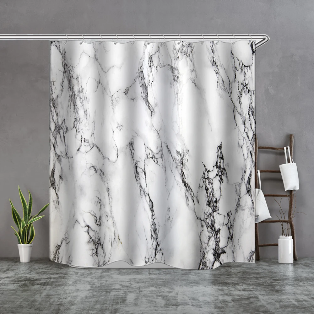 

Shower Curtain Set with Hooks Marble Pattern Cracked Lines Natural Stone Bathroom Decor Mildew Resistant Fabric Shower Curtain
