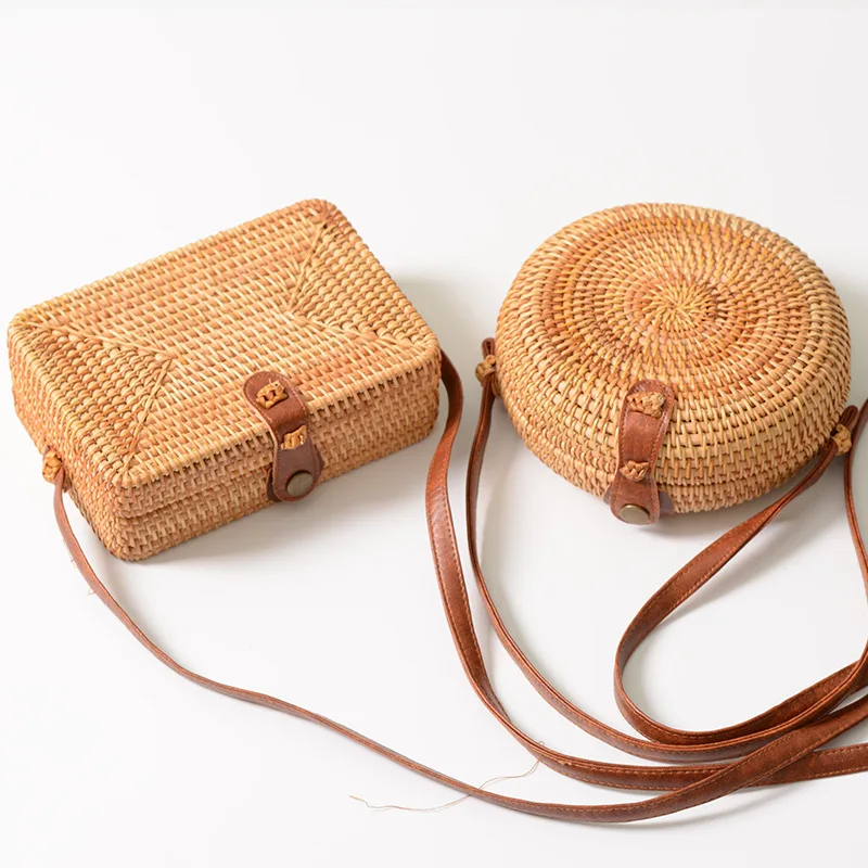 

Bali Island Handmade Wicker Bag Women Round Rattan Straw Bag Lady Square Buckle Straw HandBag Female Crossbody Beach Rattan Bags
