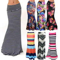 Женская мода плюс размер в пол макси юбка с эластичным цветочным принтом облегающая пляжная юбка в полоску Повседневная Длинная юбка Jupe Falda