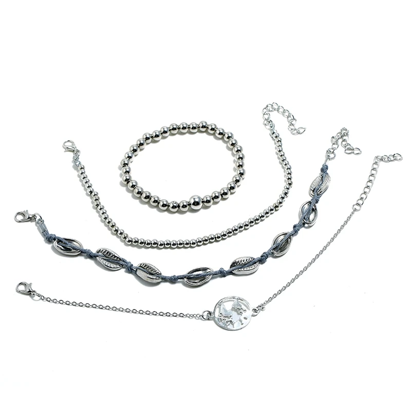 

4Pcs/Set Bohemian Silver Chain Beads Bracelets Vintage Fashion Ocean Map Shell Bracelets Bangles Sets For Women Jewelry