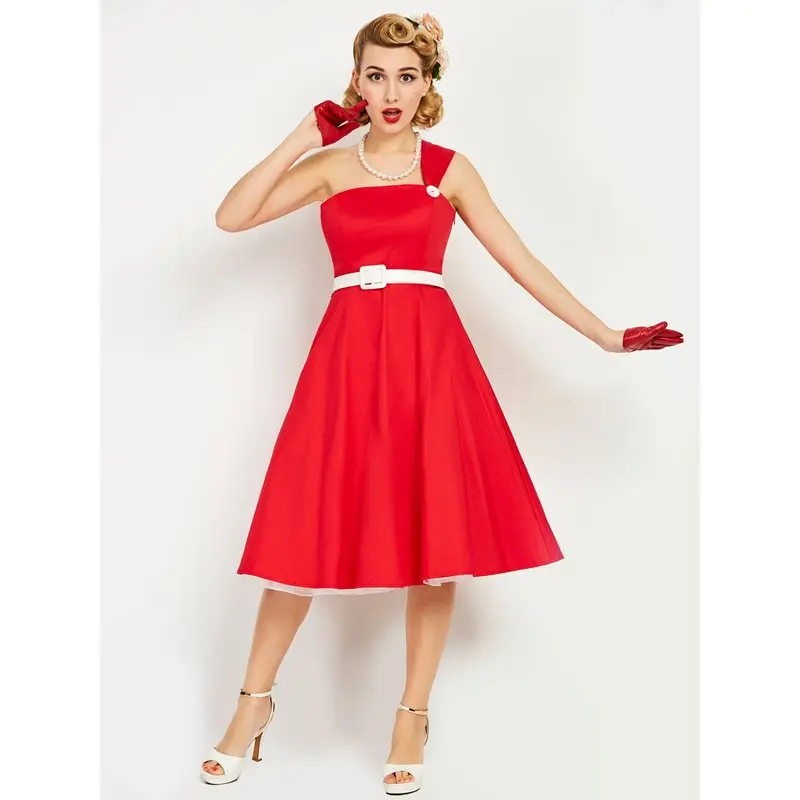 Для женщин Винтажные наряды 2019 Лето Горячие Chic пикантное платье на одно плечо Элегантный пояс красный сладкий 1950 s линии дамы вечерние