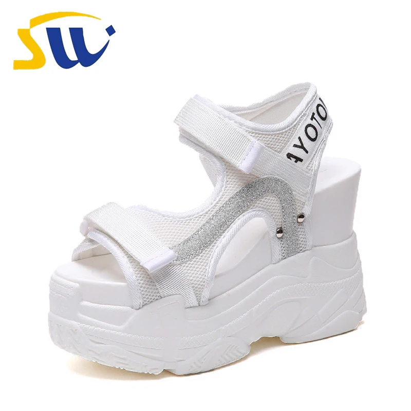 

SWONCO Women's Sandals Platform Rome Hook Loop 2018 White Shoes Female Summer Casual Shoes Lady 11cm High Wedge Sandals Shoes