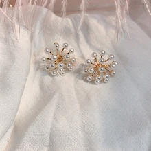 

Sale Korean New Design Flower Fireworks Earings For Women Exquesite White Big Pearl Wedding Bride Gifts