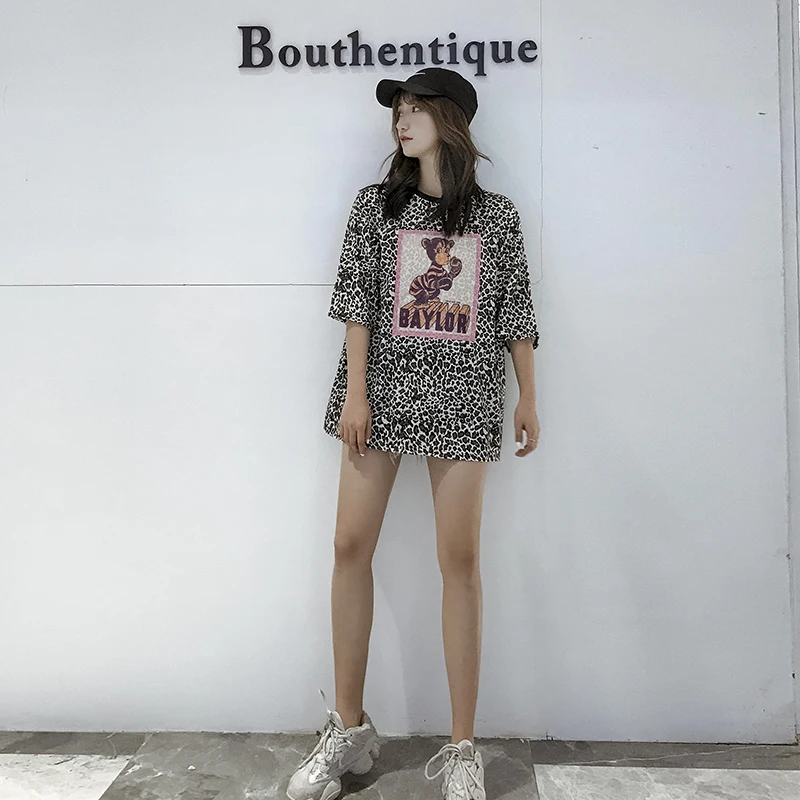 

Goods in stock! Cash back! Summer 2019 Cartoon Printed Leopard-print Short-sleeved T-shirt Girl