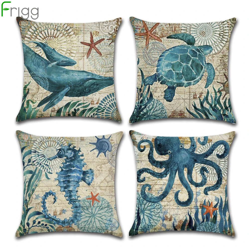 

Frigg Marine Turtle Sea Horse Cushion Cover Sofa Home Decor Linen Couch Pillow Cases Sea Whale Octopus Throw Pillow Covers