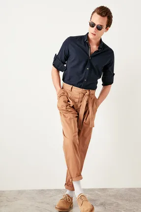 

Navy Men's Buttoned Collar Basic Long Sleeve Shirt Slim Fit TMNSS19RS0040