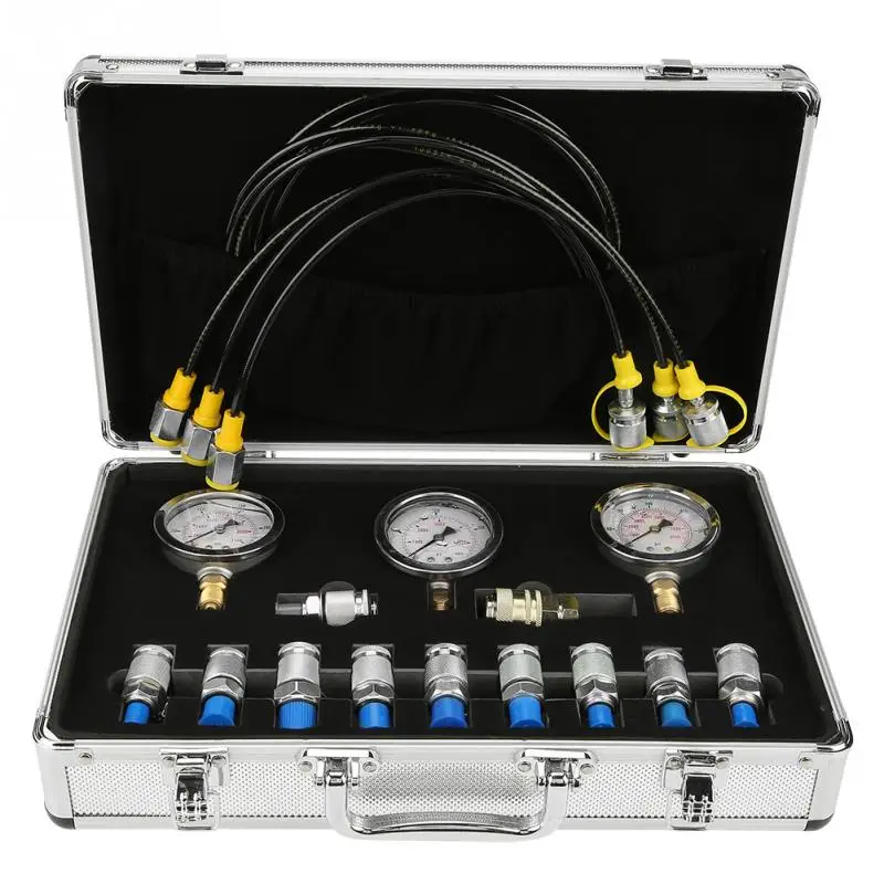 6 connettori di prova Kit di test di pressione idraulica per escavatore con 3 manometro 3 tubi di prova