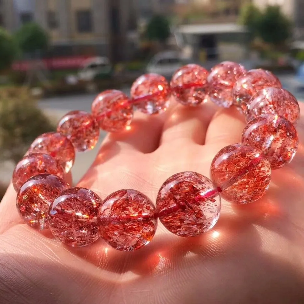 

14.5mm Genuine Natural Lepidocrocite Quartz Red Super 7 Rare Women Man Round Beads Stretch Bracelet Aaaaa Certificate