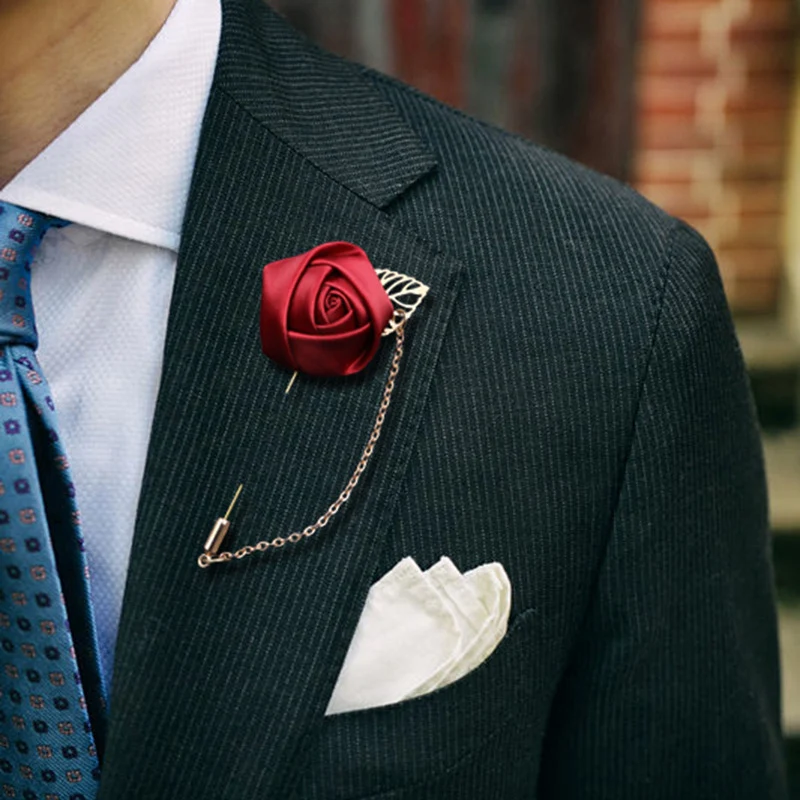

1 ps Sale Men Rose Suit Brooch Pins Brooches Men Wedding Rose Flower Chain Leaf Corsage Jacket Lapel Pin Brooches