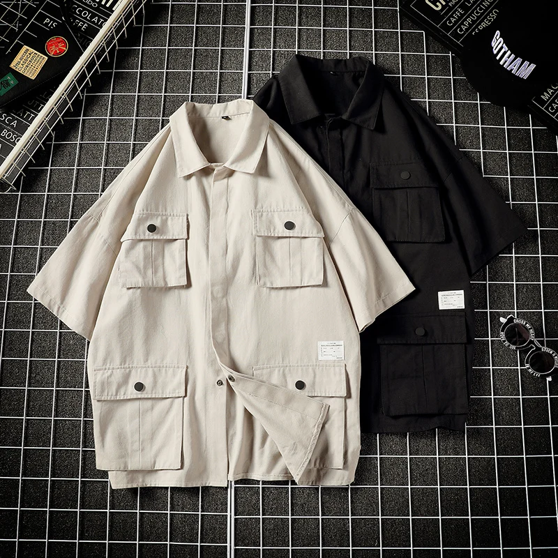 

2019 Spring And Summer New Korean Version Hip Hop Couple Small Fresh Cotton Classic Short-sleeved Tooling Multi-pocket Shirt