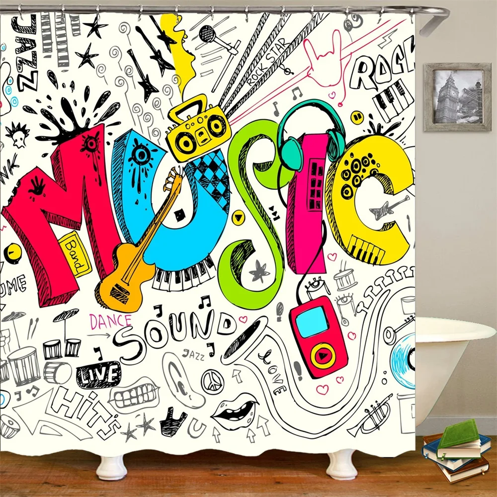 

Shower Curtain Set with Hooks Music Guitar Bathroom Decor Mildew Resistant Polyester Fabric Shower Curtain