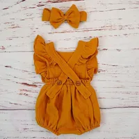 Organic Cotton Baby Girl Clothes Summer New Double Gauze Kids Ruffle Romper Jumpsuit Headband Dusty Pink Playsuit For Newborn 3M 3