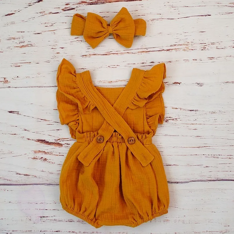 Organic Cotton Baby Girl Clothes Summer New Double Gauze Kids Ruffle Romper Jumpsuit Headband Dusty Pink Playsuit For Newborn 3M