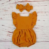 Organic Cotton Baby Girl Clothes Summer New Double Gauze Kids Ruffle Romper Jumpsuit Headband Dusty Pink Playsuit For Newborn 3M 2
