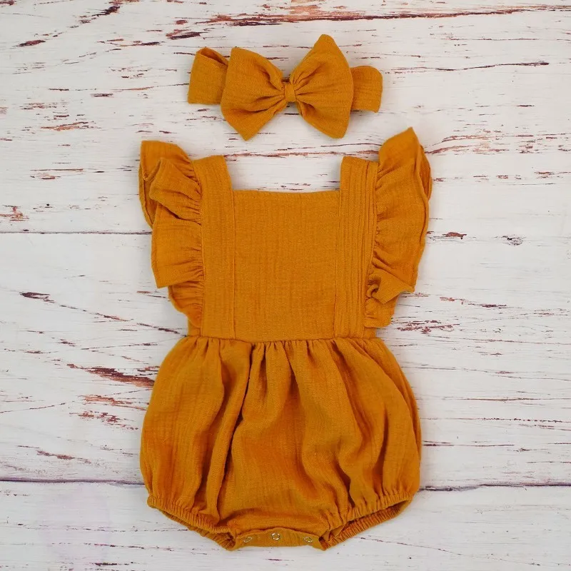 Organic Cotton Baby Girl Clothes Summer New Double Gauze Kids Ruffle Romper Jumpsuit Headband Dusty Pink Playsuit For Newborn 3M