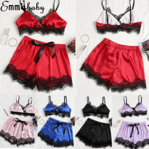 

2019 solid cute lace high waist Women Silk Satin Pajamas Set Pyjama Sleepwear Nightwear Loungewear Homewear