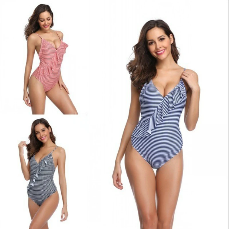 

2019 New Arrivals Swimwear One Piece Top Quality Swimsuit Women Monokini Stripped Swim Bodysuit Beach Ruffles Bathing Suit