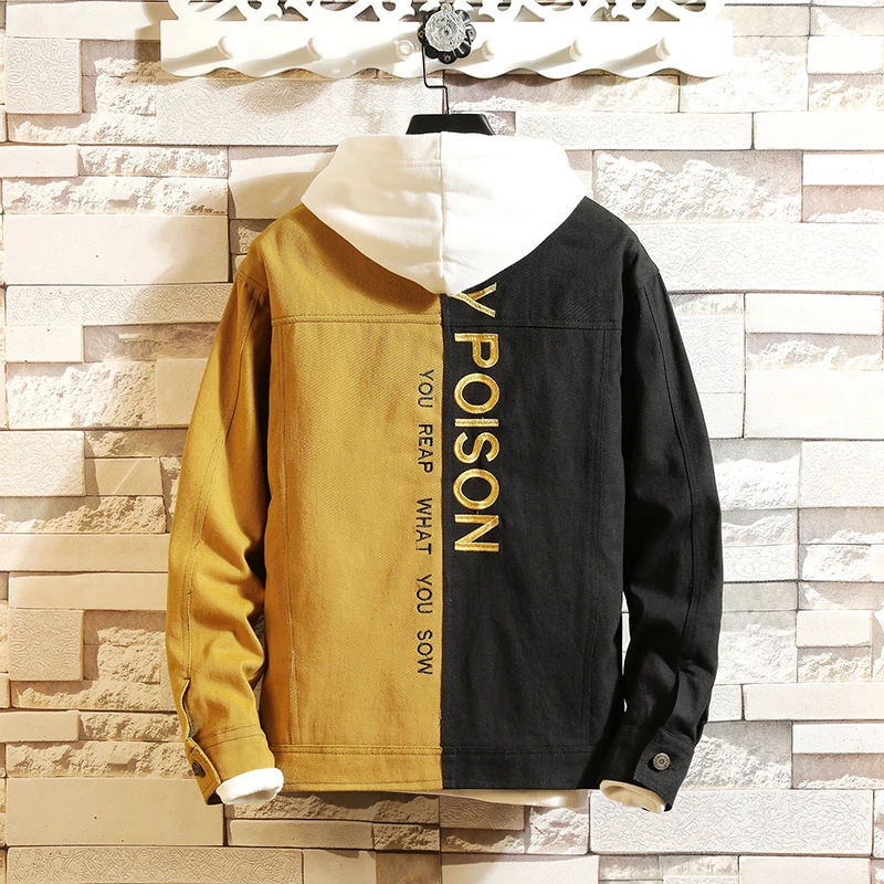 

2019 Spring And Summer New Korean Fashion Hip Hop Couple Printing Handsome Casual Two-color Stitching Denim Jacket M-3XL Size