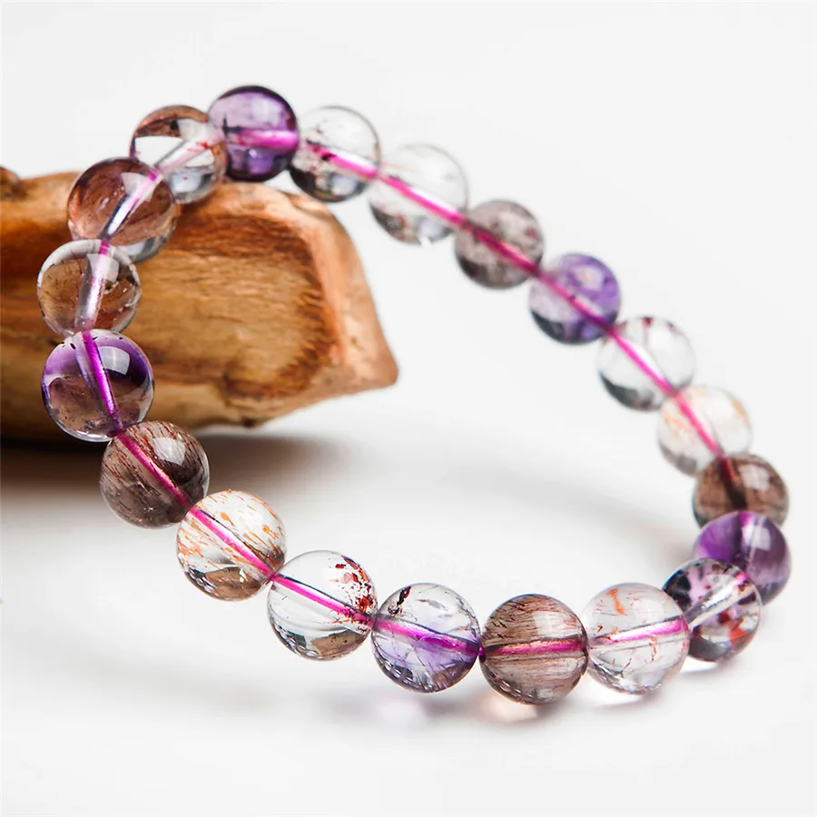 

Genuine Natural Super 7 Melody Stone Bracelet Colorful Natural Rutilated Quartz Crystal Round Bead Bracelet Drop Shipping