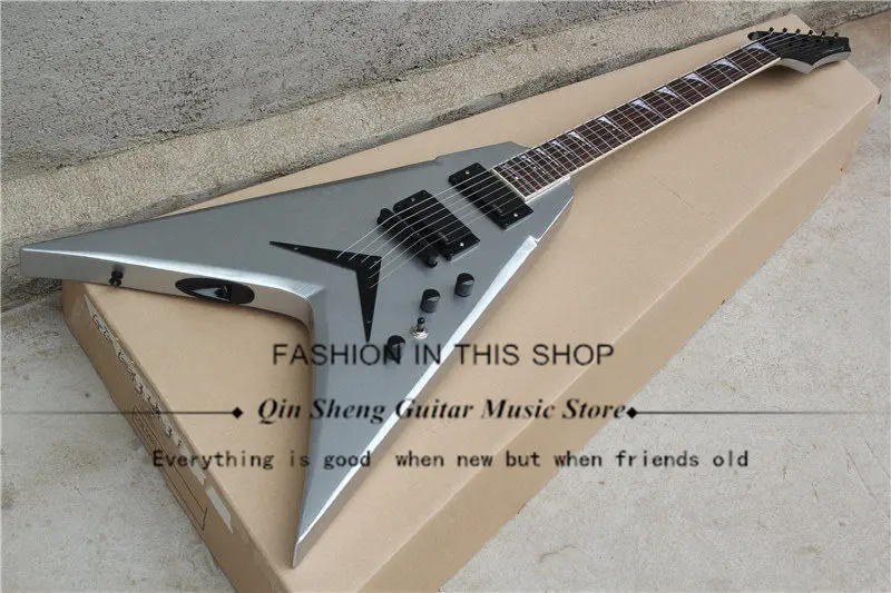 

Silver Dean electric guitar with flying V body,EMG pickups,active circuit,rosewood fingerboard,black hardware,free shipping