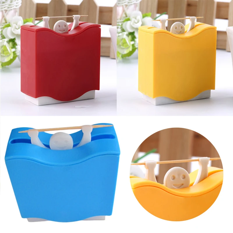

2019 New Solid Multiple Colour Weightlifting Smiley Toothpick Box Popular Plastic Automatic Toothpick Home Bar Table Decoration